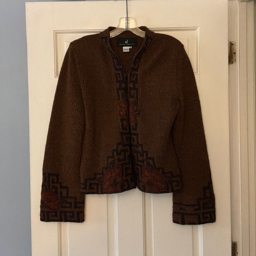 Vintage Peruvian Connection 100% Alpaca Brown Geometric Cardigan Sweater M Boho